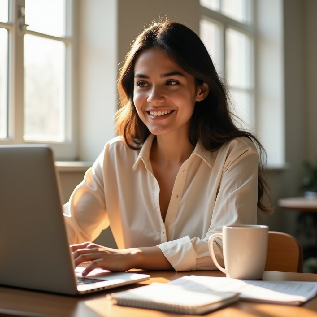 Gründerin arbeitet am Laptop mit Kaffee